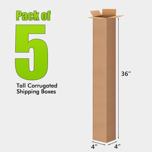 5 عبوات من صناديق الورق المقوى المموج بطول 4x4x36 بوصة، 4 بوصة طول × 4 بوصة عرض × 36 بوصة ارتفاع - صناديق شحن - الشحن، النقل، التعبئة والتغليف، البريد، صندوق تخزين للمنزل أو العمل in Kuwait