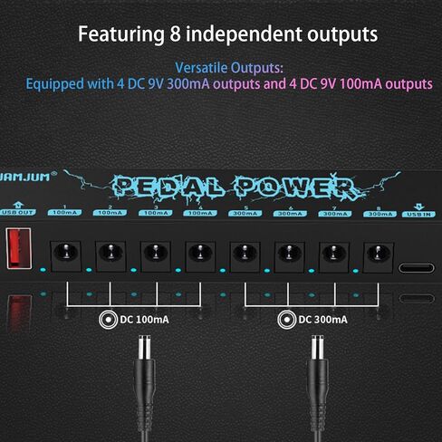Guitar Pedal Power Supply Portable 8 Isolated, DC 9V Output + 5V USB Output for Bass Effect Pedals 300mA, 1A Cables, Mini Guitar Pedal Power (Black) in Saudi Arabia