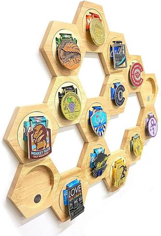 Medal Hanger Wood Decoration Hexagonal Honeycomb Medals Storage Case Wooden Medals Display Stand Hanger for All Sports Medals Running Medals (Large) in Kuwait