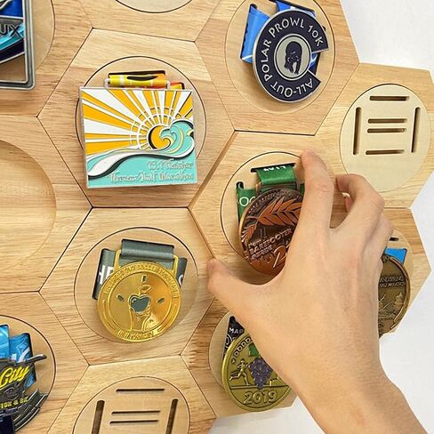 Medal Hanger Wood Decoration Hexagonal Honeycomb Medals Storage Case Wooden Medals Display Stand Hanger for All Sports Medals Running Medals (Large) in Kuwait