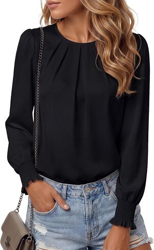 Vrtige Women's Dressy Casual Pleated Crew Neck Long Sleeve Shirt Office Work Chiffon Blouse Tops in Saudi Arabia