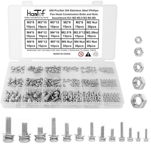 600Pcs Machine Screws Assortment Kit, M2 M2.5 M3 M4 M5 Phillips Pan Head Bolts and Nuts Set Kit, 304 Stainless Steel Metric Combination Screw with Fixed Washers (All-in-One Design) for DIY Projects in Saudi Arabia