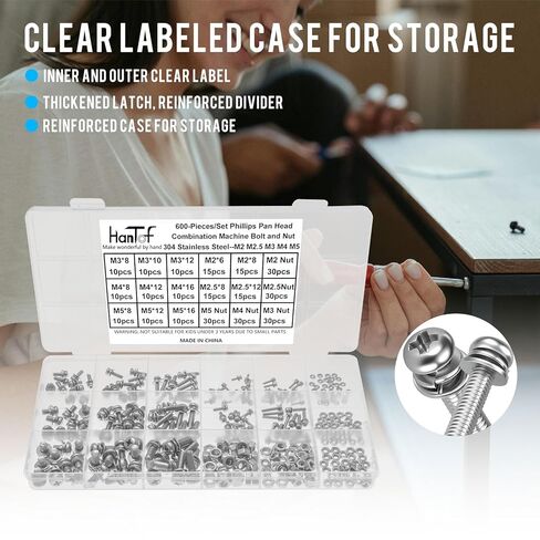 600Pcs Machine Screws Assortment Kit, M2 M2.5 M3 M4 M5 Phillips Pan Head Bolts and Nuts Set Kit, 304 Stainless Steel Metric Combination Screw with Fixed Washers (All-in-One Design) for DIY Projects in Saudi Arabia