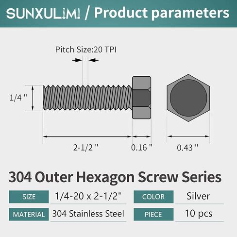 SUNXULIMI 1/4-20 x 2-1/2" Bolts and Nuts Hex Head Bolts Screws, Nuts, Flat Lock Washers Hexagonal Head Bolt Stainless Bolts Machine Fully Thread Bright Assortment Kit 10Sets in Saudi Arabia