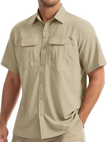 Men's Short Sleeve Safari Fishing Shirt with Multi-Pockets, Sun Protection, Quick Dry Lightweight Shirt for Hiking Camping in Kuwait
