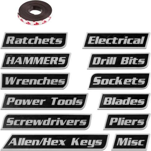 12 PCS Magnetic Tool Box Labels, 3D-Printed Labels, General Tool Box Organize Accessories, Reusable Tags for Steel Toolboxes, Carts, Drawers, and Cabinets (Black) in Saudi Arabia
