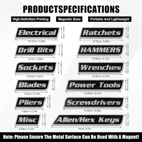 12 PCS Magnetic Tool Box Labels, 3D-Printed Labels, General Tool Box Organize Accessories, Reusable Tags for Steel Toolboxes, Carts, Drawers, and Cabinets (Black) in Saudi Arabia