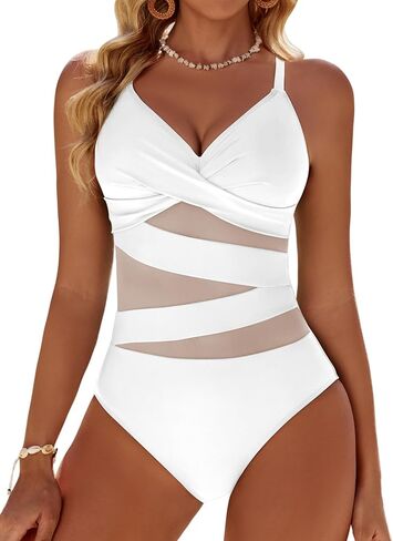 Women's Sexy Mesh Tummy Control Swimsuits V Neck Push Up One Piece Bathing Suits Slimming Swimwear in Saudi Arabia
