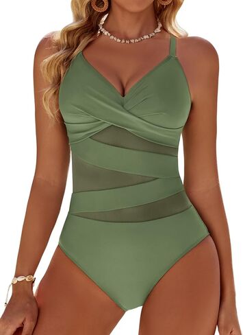 Women's Sexy Mesh Tummy Control Swimsuits V Neck Push Up One Piece Bathing Suits Slimming Swimwear in Saudi Arabia