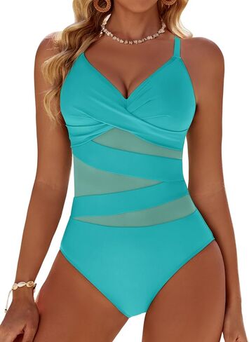 Women's Sexy Mesh Tummy Control Swimsuits V Neck Push Up One Piece Bathing Suits Slimming Swimwear in Saudi Arabia