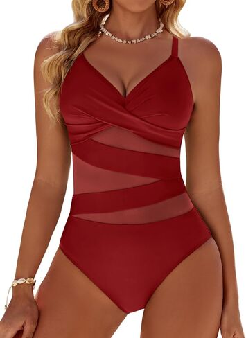 Women's Sexy Mesh Tummy Control Swimsuits V Neck Push Up One Piece Bathing Suits Slimming Swimwear in Saudi Arabia