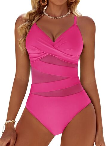 Women's Sexy Mesh Tummy Control Swimsuits V Neck Push Up One Piece Bathing Suits Slimming Swimwear in Saudi Arabia