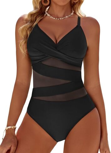 Women's Sexy Mesh Tummy Control Swimsuits V Neck Push Up One Piece Bathing Suits Slimming Swimwear in Saudi Arabia