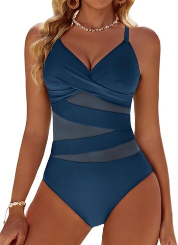 Women's Sexy Mesh Tummy Control Swimsuits V Neck Push Up One Piece Bathing Suits Slimming Swimwear in Saudi Arabia