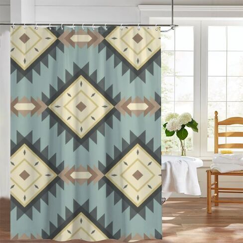 نافاجو هندسية عزر مزرعة دش الستار مع السنانير، الصيف ستارة دش مقاومة للماء خمر، قابل للغسل النسيج عطلة الفاخرة مصمم الستائر للمشي في الحمام ديكو 72 × 72 في in Kuwait