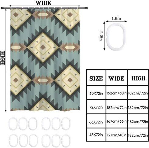 نافاجو هندسية عزر مزرعة دش الستار مع السنانير، الصيف ستارة دش مقاومة للماء خمر، قابل للغسل النسيج عطلة الفاخرة مصمم الستائر للمشي في الحمام ديكو 72 × 72 في in Kuwait