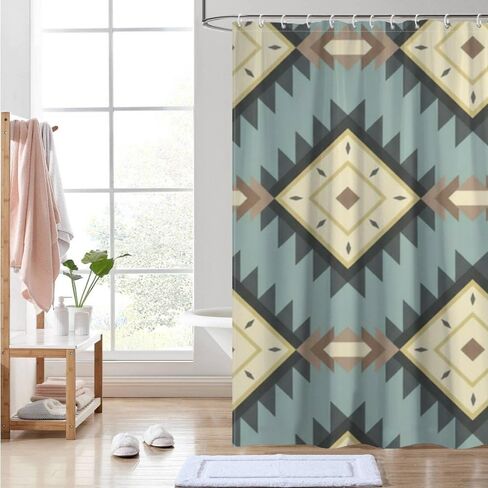 نافاجو هندسية عزر مزرعة دش الستار مع السنانير، الصيف ستارة دش مقاومة للماء خمر، قابل للغسل النسيج عطلة الفاخرة مصمم الستائر للمشي في الحمام ديكو 72 × 72 في in Kuwait