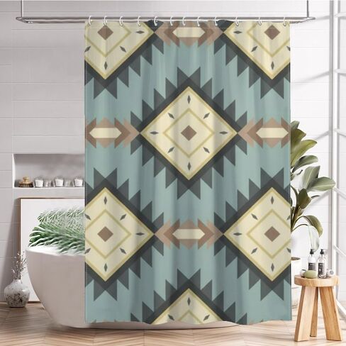 نافاجو هندسية عزر مزرعة دش الستار مع السنانير، الصيف ستارة دش مقاومة للماء خمر، قابل للغسل النسيج عطلة الفاخرة مصمم الستائر للمشي في الحمام ديكو 72 × 72 في in Kuwait