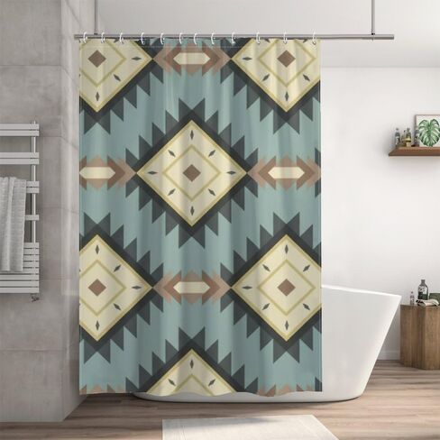 نافاجو هندسية عزر مزرعة دش الستار مع السنانير، الصيف ستارة دش مقاومة للماء خمر، قابل للغسل النسيج عطلة الفاخرة مصمم الستائر للمشي في الحمام ديكو 72 × 72 في in Kuwait
