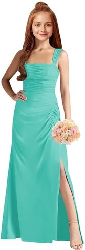 MRHUSH Junior Bridesmaid Dresses Chiffon Flower Girl Dress Side Slit Prom Dresses for Teens Spaghetti Straps Formal Dress in Kuwait