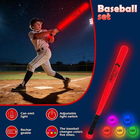 LED Baseball Bat and Ball Get ، توهج قابل لإعادة الشحن في كرات البيسبول المظلمة (5 لون) | شحن USB ، مقاوم للماء | للممارسة الليلية ، ألعاب الفناء الخلفي ، الهدايا للفتيان والبنات والأطفال والكبار in Kuwait