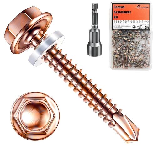 (90Pcs) #12×3/4"(5.5mm×20mm) Suneke Hex Washer Head Self-Drilling Screws, Gold Zinc Plated Steel, TEK Screws with External Hex Drive, Waterproof Washers, Matching Drill Bit, Organized Box in Saudi Arabia