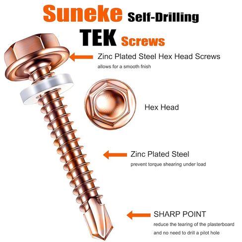 (90Pcs) #12×3/4"(5.5mm×20mm) Suneke Hex Washer Head Self-Drilling Screws, Gold Zinc Plated Steel, TEK Screws with External Hex Drive, Waterproof Washers, Matching Drill Bit, Organized Box in Saudi Arabia