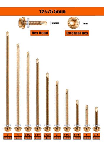 (90Pcs) #12×3/4"(5.5mm×20mm) Suneke Hex Washer Head Self-Drilling Screws, Gold Zinc Plated Steel, TEK Screws with External Hex Drive, Waterproof Washers, Matching Drill Bit, Organized Box in Saudi Arabia