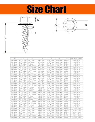 (90Pcs) #12×3/4"(5.5mm×20mm) Suneke Hex Washer Head Self-Drilling Screws, Gold Zinc Plated Steel, TEK Screws with External Hex Drive, Waterproof Washers, Matching Drill Bit, Organized Box in Saudi Arabia