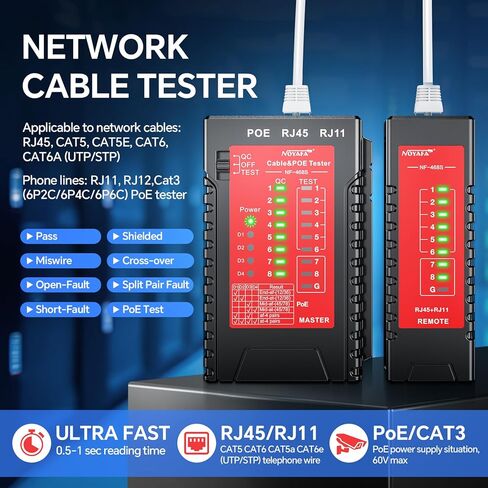 جهاز اختبار كابل الشبكة NF-468S، جهاز اختبار كابل إيثرنت RJ12 RJ11 RJ45 لـ CAT5 CAT5E CAT6 CAT6A، جهاز اختبار POE لاستمرارية UTP/STP كابل حبر LAN خط الهاتف CAT3 أدوات شبكة الكابل in Kuwait