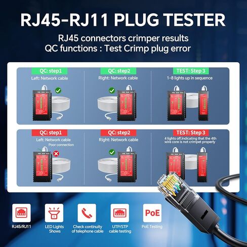 جهاز اختبار كابل الشبكة NF-468S، جهاز اختبار كابل إيثرنت RJ12 RJ11 RJ45 لـ CAT5 CAT5E CAT6 CAT6A، جهاز اختبار POE لاستمرارية UTP/STP كابل حبر LAN خط الهاتف CAT3 أدوات شبكة الكابل in Kuwait