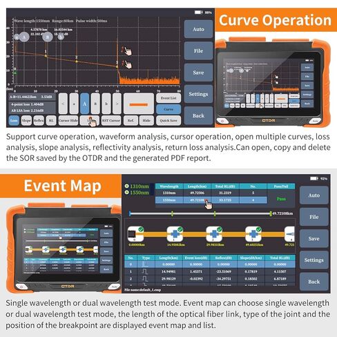 Rsrteng OTDR جهاز اختبار الألياف البصرية 1310 / 1550 نانومتر 32 ديسيبل / 30 ديسيبل المدى 420 كم دقة عالية 7 بوصة شاشة LCD تعمل باللمس SM جهاز اختبار الألياف يدعم خريطة الحدث OPM، VFL، LS، OLS Ethernet برنامج تحليل الاختبار عن بعد in Kuwait