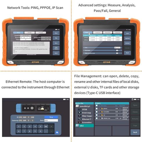 Rsrteng OTDR جهاز اختبار الألياف البصرية 1310 / 1550 نانومتر 32 ديسيبل / 30 ديسيبل المدى 420 كم دقة عالية 7 بوصة شاشة LCD تعمل باللمس SM جهاز اختبار الألياف يدعم خريطة الحدث OPM، VFL، LS، OLS Ethernet برنامج تحليل الاختبار عن بعد in Kuwait