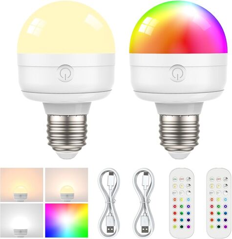 SCOPOW 2Packs E26 Rechargeable Light Bulbs with Remote Control, 5W 350lm Magnetically Battery Operated Light Bulbs 2000mAh, 3 Color Temperature, Timer, Dimmer for Non-Hardwired Lamp in Kuwait