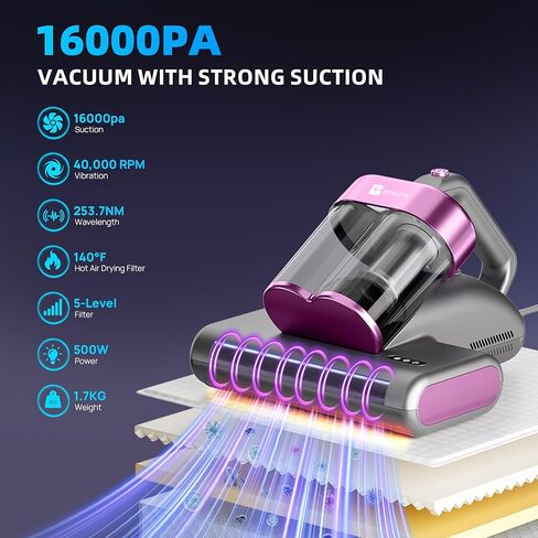 Mattress Vacuum Cleaner UVC 253.7nm Light with 16Kpa Strong Suction, 145°F Heat, Ultrasonic, HEPA Filter, Versatile Bed, Pillow and Couch Vacuum Cleaner (16.4ft Corded, 500W) in Saudi Arabia