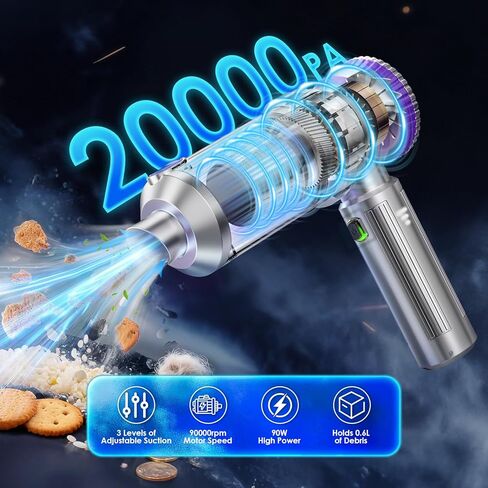 مكنسة كهربائية محمولة للسيارة لاسلكية مع شفط قوي 20000 باسكال، مكنسة كهربائية صغيرة محمولة للسيارة مع 3 سرعات تعديل، محرك 90000 دورة في الدقيقة، مع فوهات للمنزل، شعر الحيوانات الأليفة، لوحة المفاتيح، المكتب in Kuwait