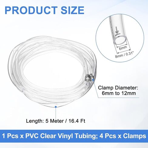 uxcell PVC Clear Vinyl Tubing, 0.24" ID. 0.31" OD. 16.4 ft Length PVC Tube, Drain Hose, Water Pump Hose, Irrigation Pipe, Plastic Tube with Clamps for Water Oil Transfer, Transparent in Saudi Arabia