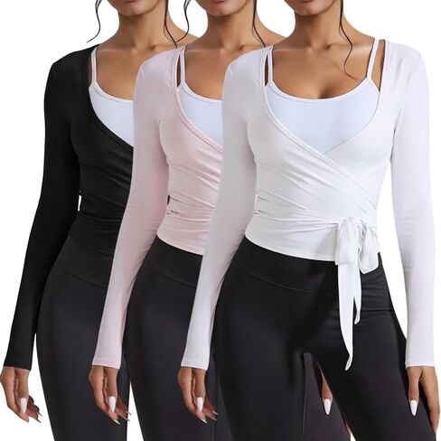 3 Pack Women Ballet Pilates Wrap Tops Y2K Workout Yoga Shirts Dance Long Sleeve Tie Front Crop Tops in Saudi Arabia