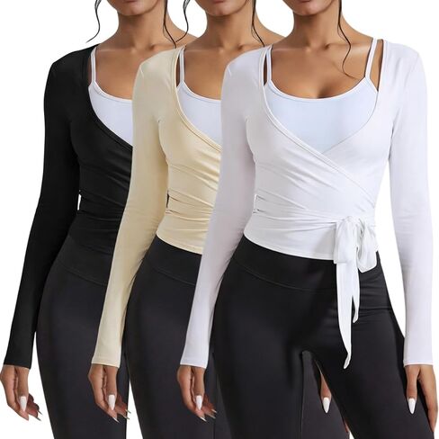 3 Pack Women Ballet Pilates Wrap Tops Y2K Workout Yoga Wrap Shirts Dance Long Sleeve Tie Front Crop Going Out Tops in Kuwait