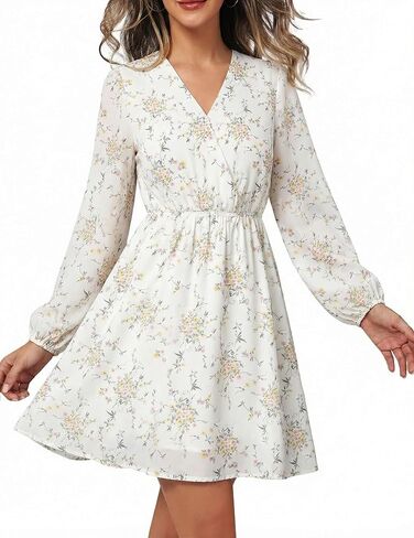 DERAX Women's Boho Floral Mini Dresses Fall V Neck Chiffon Long Peasant Sleeves 2026 Spring Short Dress in Kuwait