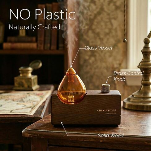 موزع روائح الزيوت العطرية الزجاجي الفاخر من العنبر مع قاعدة خشبية مصنوعة يدويًا للعلاج بالروائح العطرية، موزع روائح ريترو بدون ماء مع رذاذ بارد، بخاخات زيت لاسلكية قابلة لإعادة الشحن مع مصباح LED ومؤقت، موديل 2026 in Kuwait