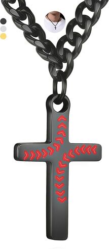 Baseball Cross Necklace for Son Grandson, Black/Gold/Silver Stainless Steel Cuban Chain 16"/18"/20" Birthday Anniversary Christian Baseball Cross Pendant Necklaces Gifts for Nephew Niece in Kuwait