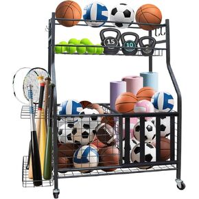 منظم جراج المعدات الرياضية، رف تخزين كرات المرآب مع سلة وخطافات وعربة دوارة لتخزين المعدات الرياضية والألعاب، حامل كرة عالي التحمل للاستخدام الداخلي والخارجي in Kuwait