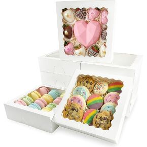 12 Pack White Pie Box Bakery Boxes with Window, 8 x 8 x 2.5 Inches Auto-Popup Cookie Boxes Treat Boxes for Chocolate Strawberries, Pastries, Muffins, Donuts in Saudi Arabia