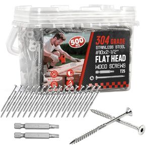 #10x2-1/2 بوصة 304 براغي سطح من الفولاذ المقاوم للصدأ 500 قطعة - مثبتات خشبية خارجية مقاومة للتآكل للأسوار والأسطح والمشروع الخشبي - لقمة محرك T25 Star in Kuwait