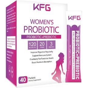 مسحوق بروبيوتيك للنساء من KFG، مع 100 مليار وحدة تشكيل مستعمرة، 20 سلالة، 3 بريبايوتك عضوي، التوت البري، الإنزيمات الهاضمة وD-مانوز، لتعزيز المناعة، الجهاز الهضمي، الأمعاء، صحة المهبل والبول، 40 عبوة in Kuwait
