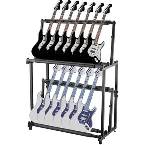 14-Guitar Stand - 2-Tier Adjustable Floor Rack with Soft Sponge Holders - Folding Metal Display for Acoustic, Electric, Bass, Ukulele - Detachable, Space-Saving Organizer for Home, Studio in Kuwait