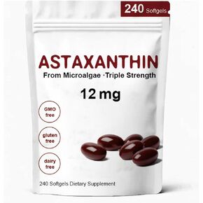 أستازانتين 12 ملغ، مكملات أستازانتين الممتازة المضادة للأكسدة مع نشاط مضاد للأكسدة، يدعم العين والمناعة وصحة الجلد والدورة الدموية الداخلية - 240 كبسولة هلامية in Kuwait