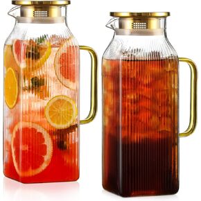 2 Pack 2 Liter/68 oz Square Glass Pitcher with Lid, Classic Stripes Water Pitchers with Handle for Fridge, Large Jug for Iced Tea, Coffee, Borosilicate Glass Carafe for Hot/Cold Brew Drink, Gold in Kuwait