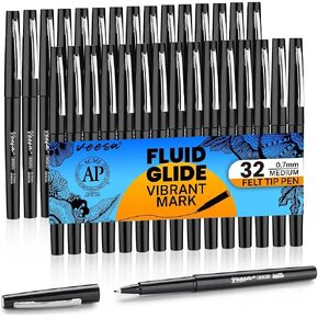 VEESA Felt Tip Pens Medium Point (0.7mm), 32 Pack Black Felt Tip Markers for Writing, Journal, Planner Coloring, Note Taking, School Supplies for Teachers & Students in Kuwait